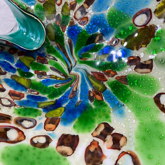 Vintage Mid century  Murano Italian Colorful Confetti Glass Bowl Teal Silver - Picture 7 of 12